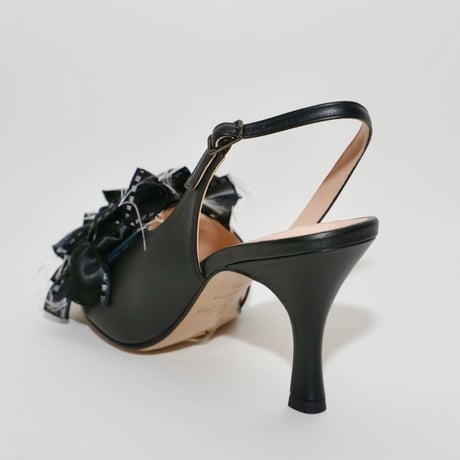 ランダムボリュームサテンリボンバックスリングサンダル/random volume satin ribbon back sling sandals L0281(BLACK)