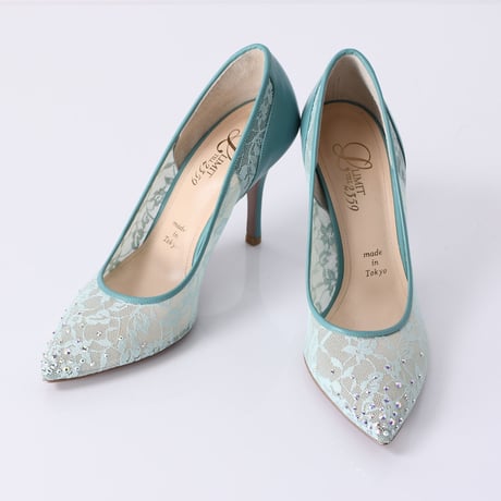 ラインストーンチュールヒールパンプス / Rhinestone tulle heel pumps L0210 (L.GREEN）