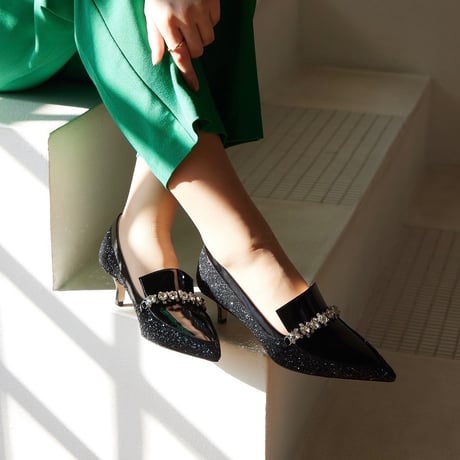 グリッタービジューヒールローファー/Glitter bijou heel loafer L0265 (BLACK/G)