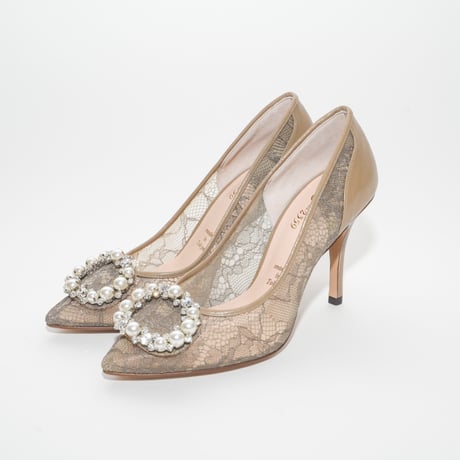 オーバルビジューポインテッドチュールパンプス / Oval bijou pointed tulle pumps L0276 (KHAKI)