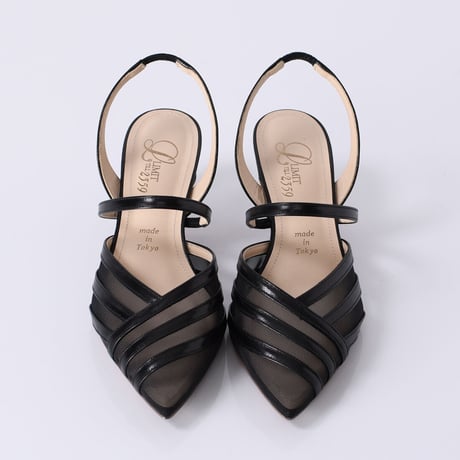 チュールコンビネーションスリングバックヒールパンプス / Tulle combination sling back heel pumps L0216 (BLACK）
