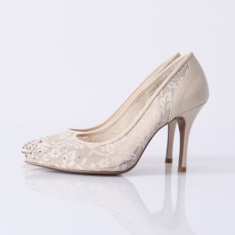 ラインストーンチュールヒールパンプス / Rhinestone tulle heel pumps L0210（L.BEIGE）