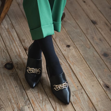 チェーンデザインシャーリングヒールパンプス/Pointed toe ring chain design shirring heel pumps L0236（BLACK）