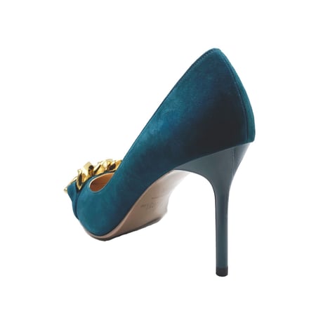 チェーンデザインポインテッドヒールパンプス/Chain design pointed heel pumps L0214 (GREEN/S）