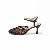 プレイドパターンチュールネックベルトラウンドパンプス/Plaid Pattern Tulle Ankle Strap Round Pumps L0293 (D.BROWN)