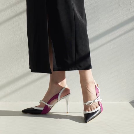 リボンポインテットトゥピンヒールバックスリング/Ribbon pointed toe pin heel back sling L0255 (BLACK/C）