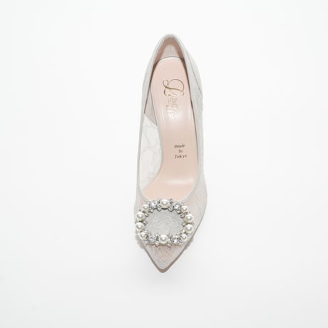 オーバルビジューポインテッドチュールパンプス / Oval bijou pointed tulle pumps L0276  (L.GRAY)