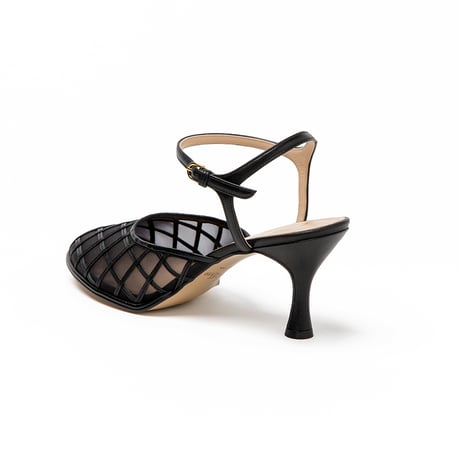 プレイドパターンチュールネックベルトラウンドパンプス/Plaid Pattern Tulle Ankle Strap Round Pumps L0293 (BLACK)