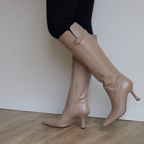 スクエアトゥバックルベルト付きロングブーツ/Square toe buckle belt long boots L0247（ASH PINK）