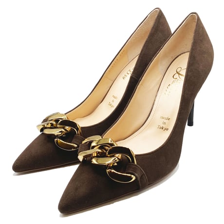チェーンデザインポインテッドヒールパンプス/Chain design pointed heel pumps L0214 (D.BROWN/S）】