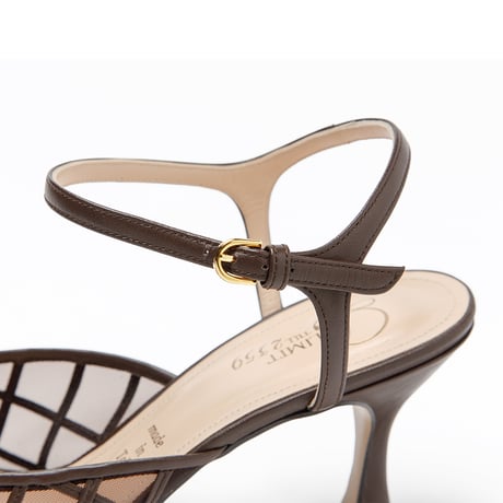 プレイドパターンチュールネックベルトラウンドパンプス/Plaid Pattern Tulle Ankle Strap Round Pumps L0293 (D.BROWN)