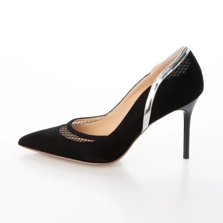 チュールコンビネーションポインテッドヒールパンプス/Tulle combination pointed heel pumps L0240 （BLACK）