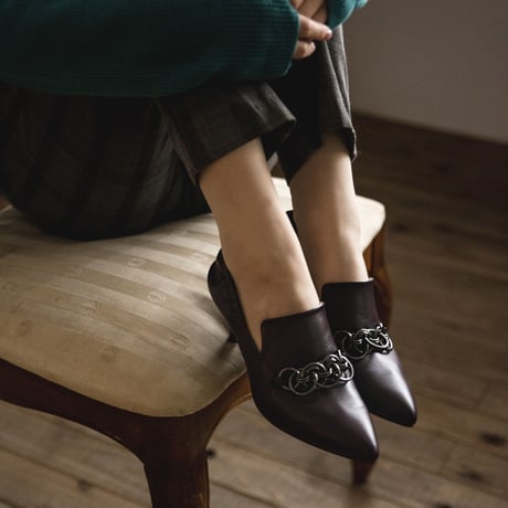 チェーンデザインシャーリングヒールパンプス/Pointed toe ring chain design shirring heel pumps L0236（WINE）