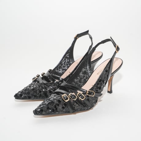 フォーストラップハイヒールバックスリング/ Four straps high heel slingback L0277A (BLACK/SP)