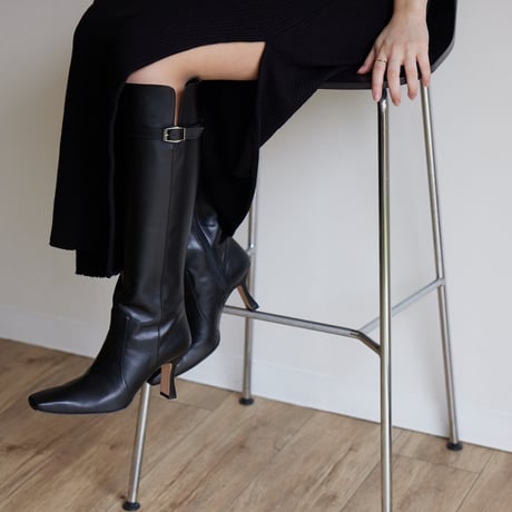 スクエアトゥバックルベルト付きロングブーツ/Square toe buckle belt long boots L0247（BLACK）