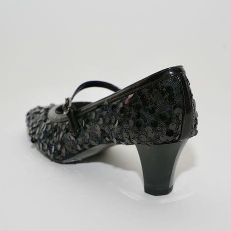メリージェーンチュールスパンコール六角形ヒールパンプス/mary jane tulle spangle hexagon heel pamps(L0275)BLACK/SP