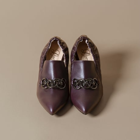 チェーンデザインシャーリングヒールパンプス/Pointed toe ring chain design shirring heel pumps L0236（WINE）