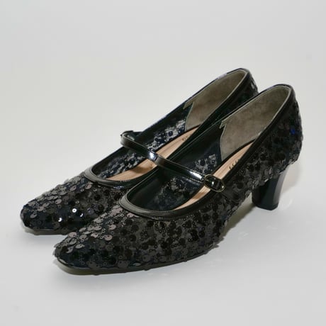 メリージェーンチュールスパンコール六角形ヒールパンプス/mary jane tulle spangle hexagon heel pamps(L0275)BLACK/SP