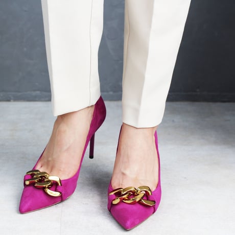チェーンデザインポインテッドヒールパンプス/Chain design pointed heel pumps L0214 (PINK/S）