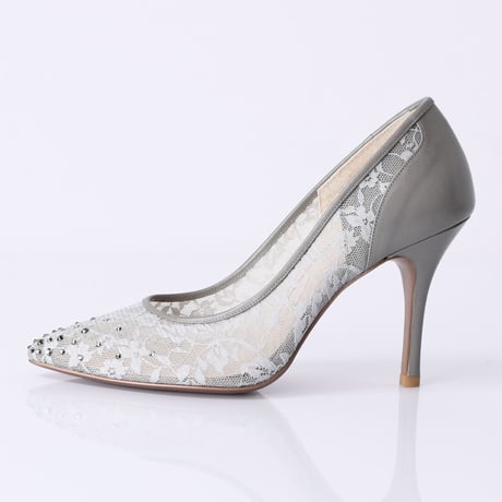 ラインストーンチュールヒールパンプス / Rhinestone tulle heel pumps L0210 (L.GRAY）