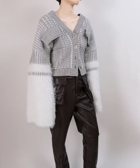 O-01 Fur yarn Knit Cardigan <GRAY>