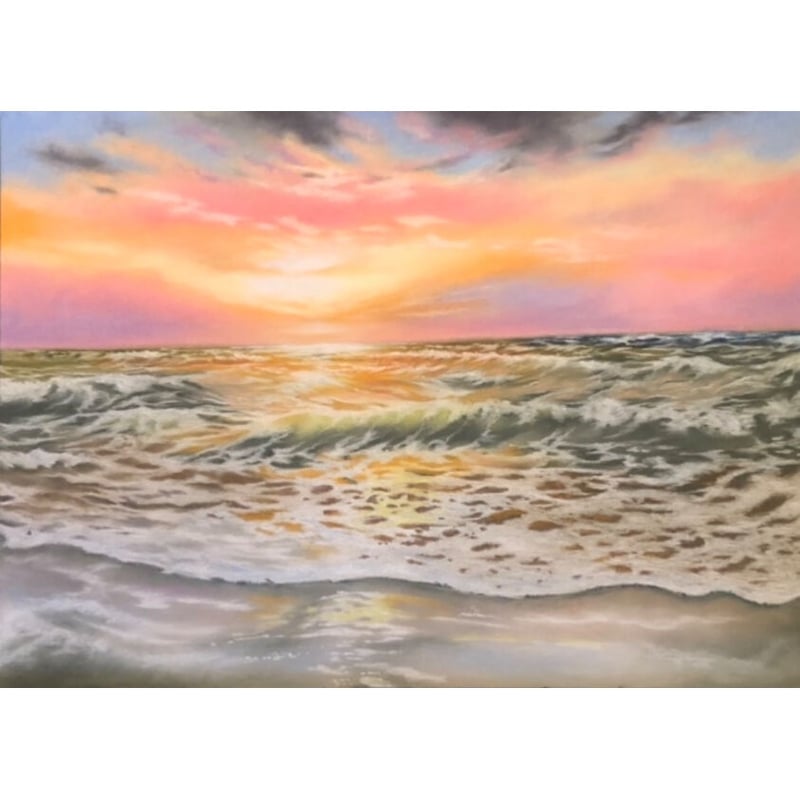 海の波 パステル画 海（パステル画・マット紙付き）額縁：太子 絵画 パステル画生活