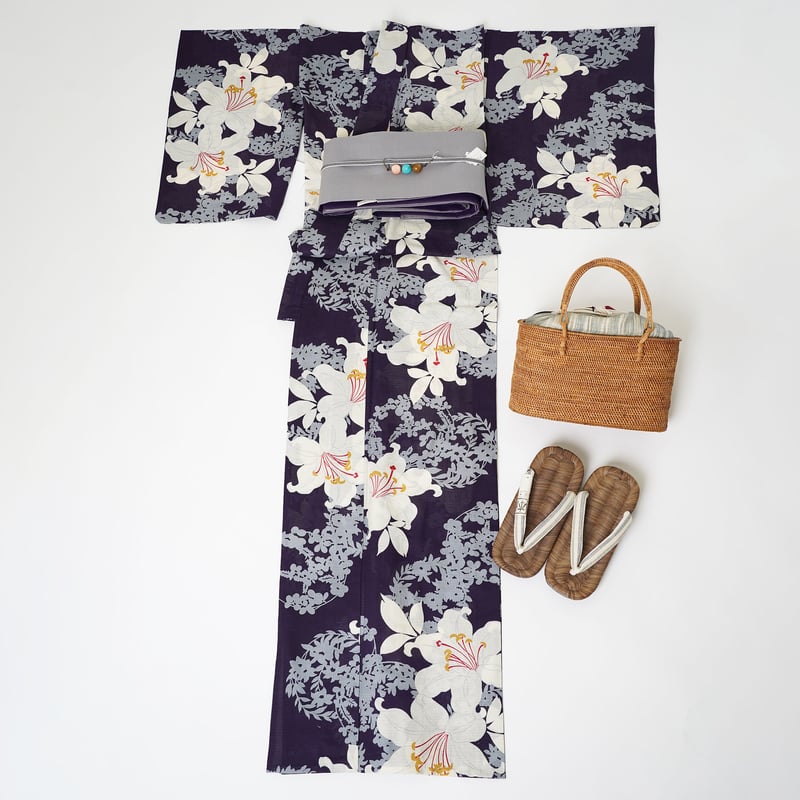 プレミアムゆかた】紫織庵 大正友禅ゆかた ゆりに花丸ムラサキ（手縫い