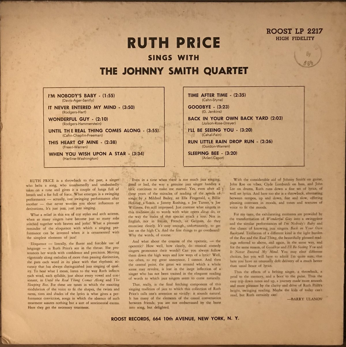 Ruth Price／Sings With The Johnny Smith Quartet （Roost2217） MONO オリジナル盤