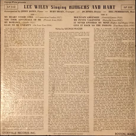 Lee Wiley／Sings Rodgers and Hart（Storyville LP312）MONO １０インチ　オリジナル盤