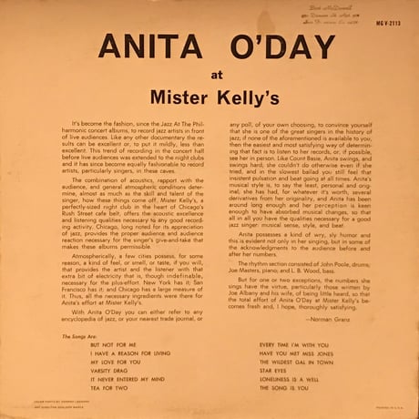 Anita O’Day／At Mister Kelly’ｓ（Verve MGV2113) MONO オリジナル盤