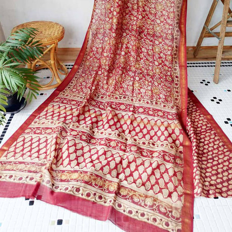 コットンシルクサリーで作る着物「花唐草・赤金」※ツナギな着物もオーダ可能※