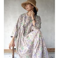 ブロックプリントワンピース2026「バルーンスリーブワンピース」サンガネールプリント・緑と紫の花No.11