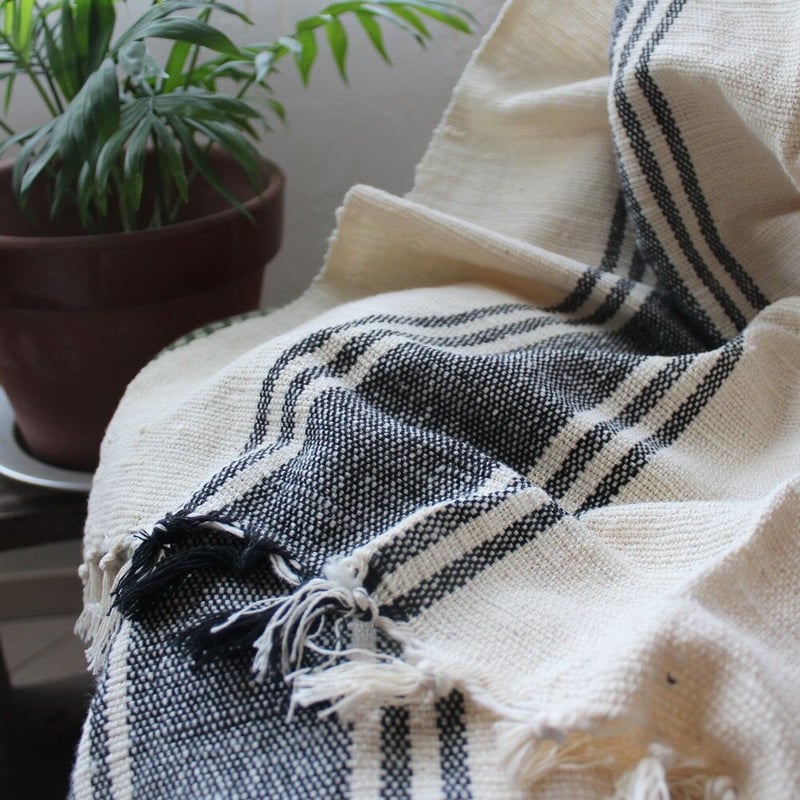 [新品、未開封] DisMoi コットンブランケット WABE カディコットンブランケット・2ボーダー柄・ブラック | design