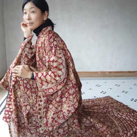 コットンシルクサリーで作る着物「花唐草・赤金」※ツナギな着物もオーダ可能※