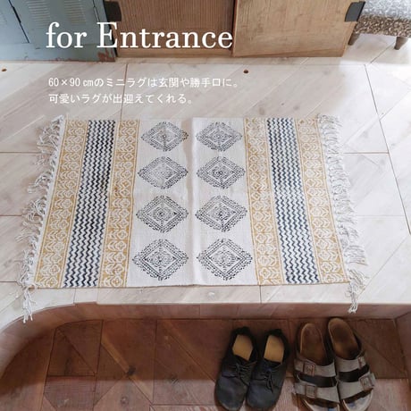 2025年入荷 コットンラグ 60×90 size インディゴ染め/No.2「花と幾何学」