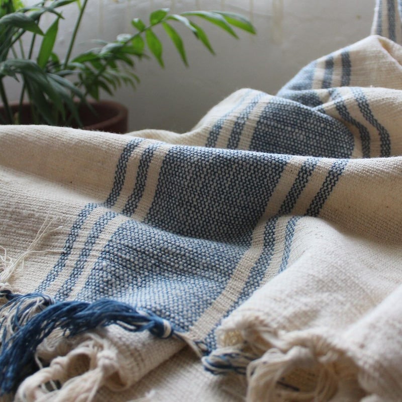 カディコットンブランケット・2ボーダー柄・ブルー | design labo