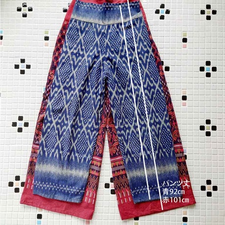 チェンマイマーケット2022年7月：ローカルワイドパンツ・絣柄赤紫