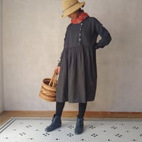 【萌暮】「サイドボタン・畑ワンピース」ヘンプシリーズ・墨黒・フリーサイズ