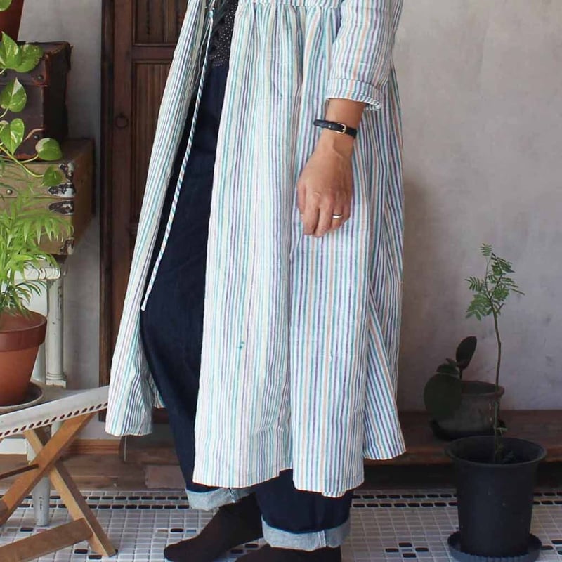 カシュクールワンピースM「虹色ストライプカディ」 | design labo