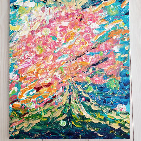 アクリル画　抽象画　「桜風」