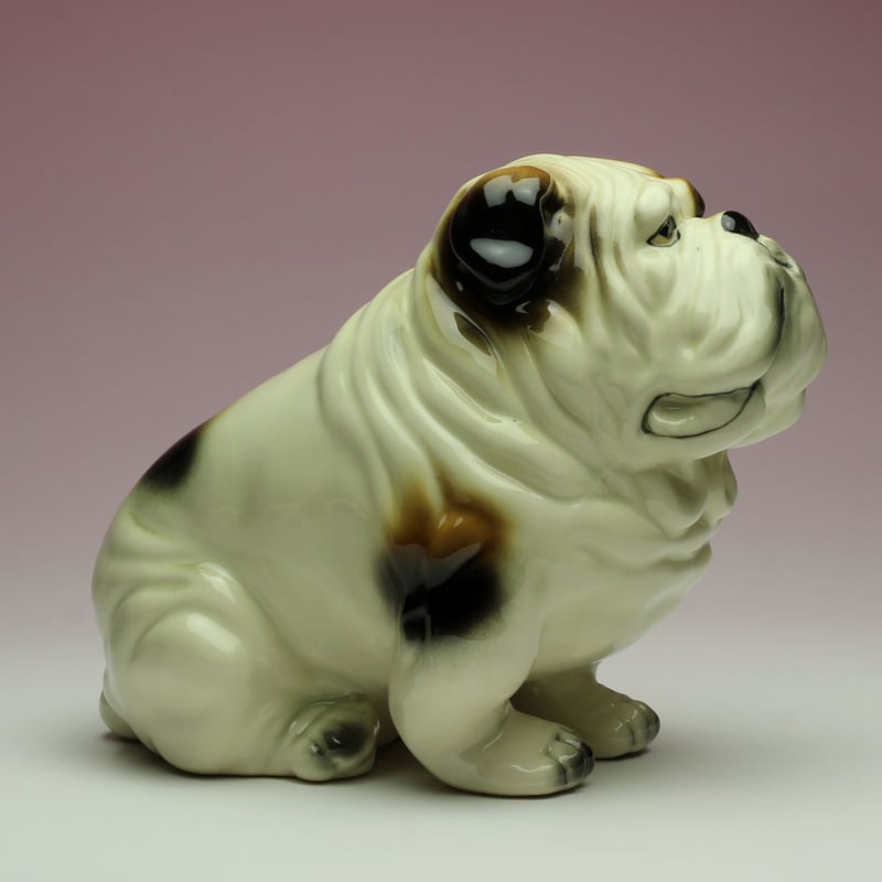 陶器犬置物 イングリッシュブルドッグ 三毛 座り姿 | Haniibaaz