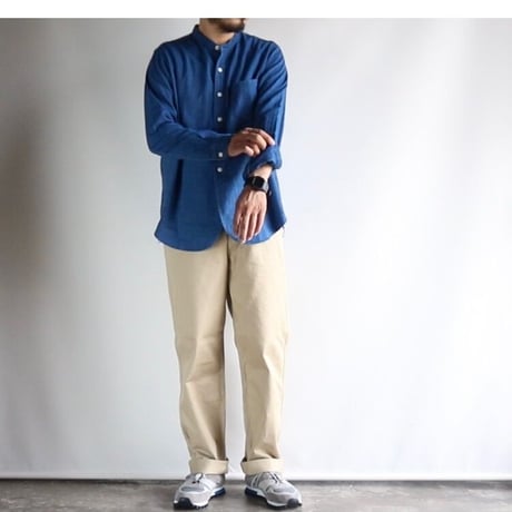 FOB FACTORY / INDIGO HERINGBORN BANDCOLLAR SHIRT / F3486