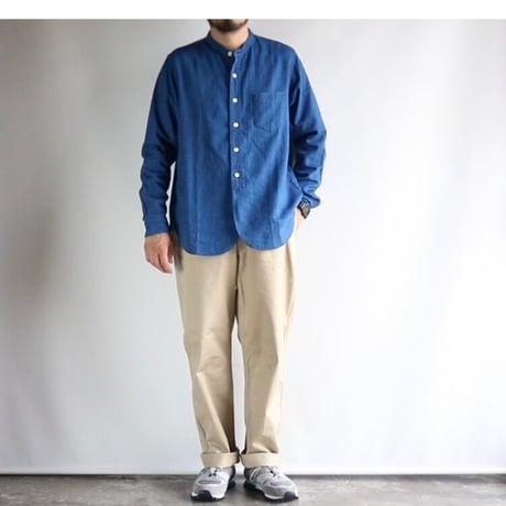 FOB FACTORY / INDIGO HERINGBORN BANDCOLLAR SHIRT / F3486