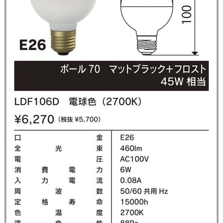 LED　G70　ボールランプ／　マットブラック+フロスト（45W相当）
