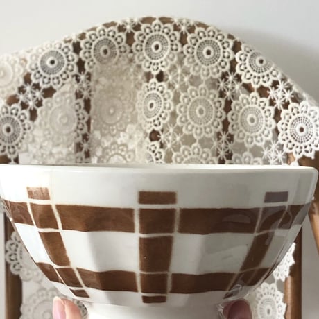 ●ヴィンテージ1950年 ●カフェオレボウル● lunevilleリュネビル窯●茶格子柄14cm