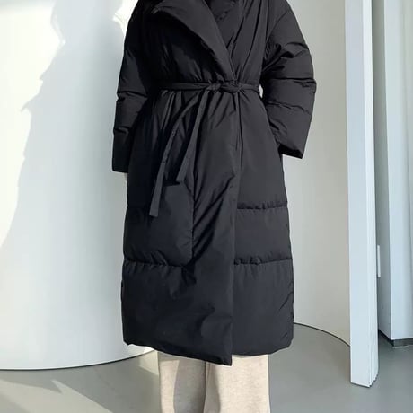 Long Wrap-Style Down Coat