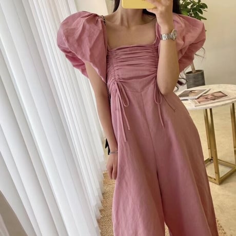 Puff sleeve gather rompers♡