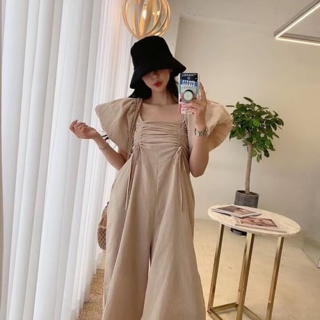 Puff sleeve gather rompers♡