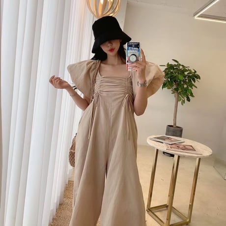 Puff sleeve gather rompers♡