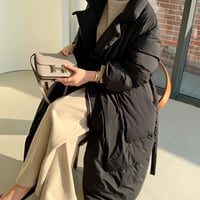 Long Wrap-Style Down Coat